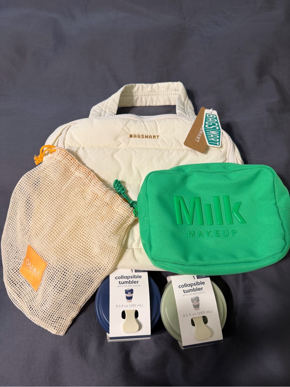 Bagsmart Toiletry Bag, Milk Makeup Pouch, Ouai Net Bag, Collapsible Tumblers X2